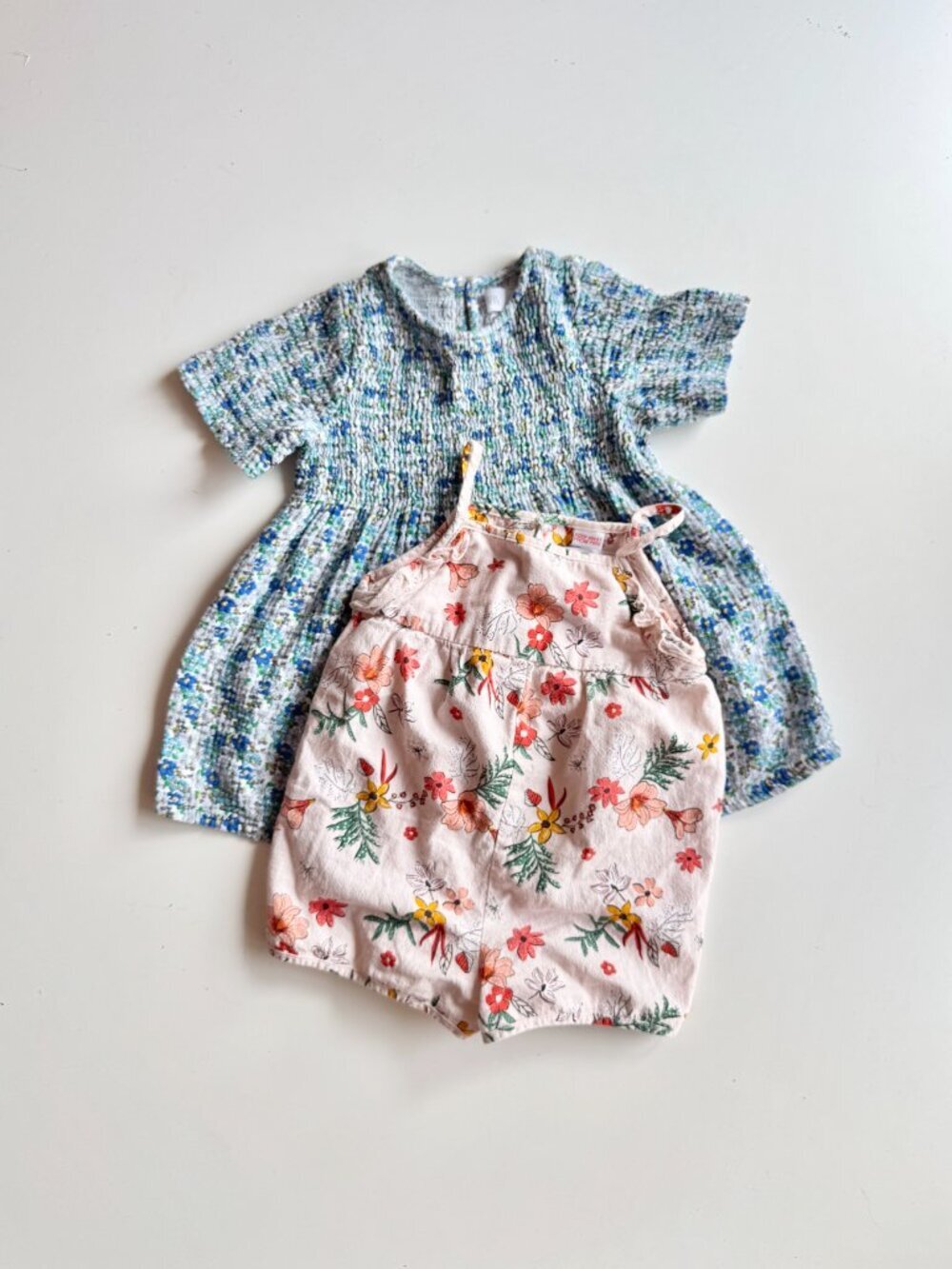 Lot of 2 Baby Girl ZARA Blue Floral Dress & Pink Floral One Piece, Size 18-24M